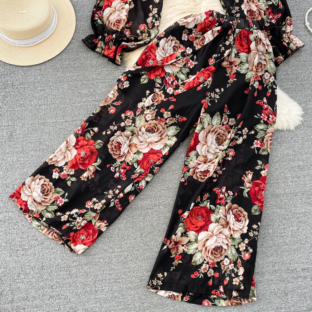 Fashion Set Women's  Long Sleeve Square Neck Slim Fit Chiffon Shirt 2 Two Pieces Suits Sets High Waist Slim Wide L
