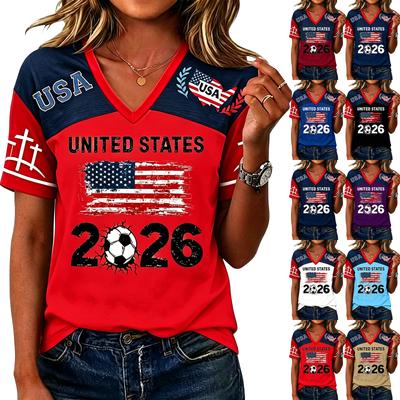 Top Pulóver Casual para Mujer de Manga Corta con Gráfico de Fútbol y Cuello en V Estampado de Estados Unidos 2026 Ligero Ajuste Cómodo