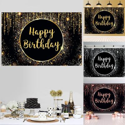 Gold Glitter Happy Birthday Party Backdrop For Photo Black Happy Birthday Adult Theme Party Decoration Supplies DIY Backdrops
