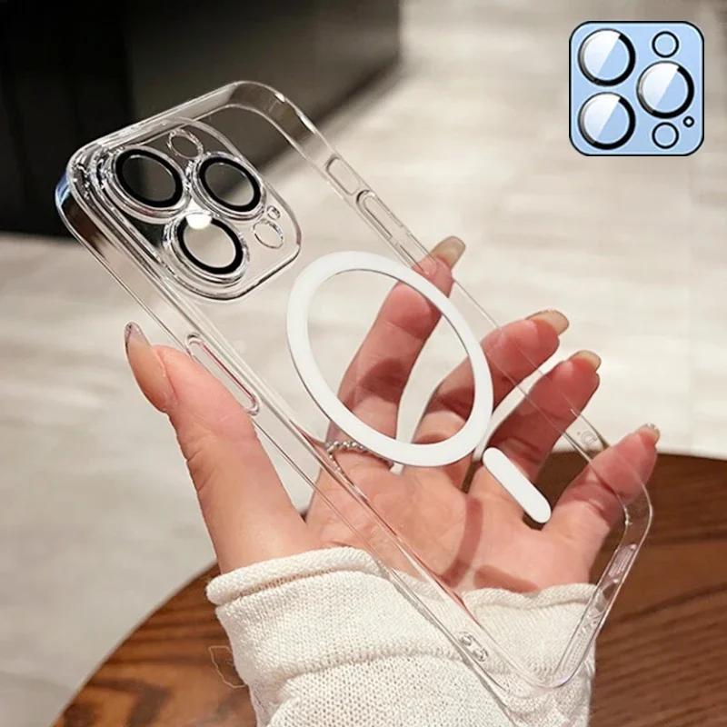 For Magsafe Luxury Clear Acrylic Case For iPhone 15 14 13 12 11 Pro Max Plus Magnetic Wireless Charging Case With Lens Protector