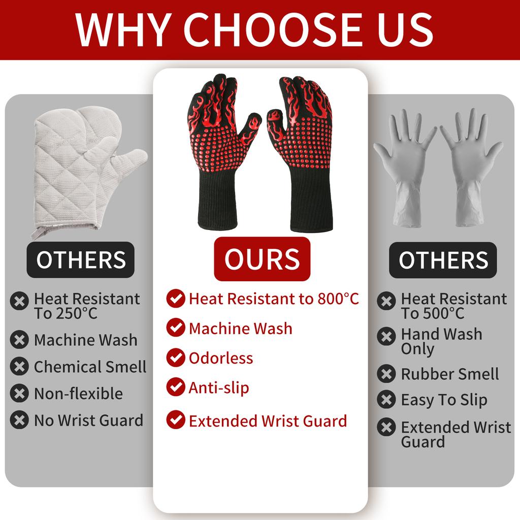 A Pair BBQ Gloves High Temperature Resistance Oven Mitts 800 Degrees Fireproof Non-Slip Barbecue Baking Grilling Gloves