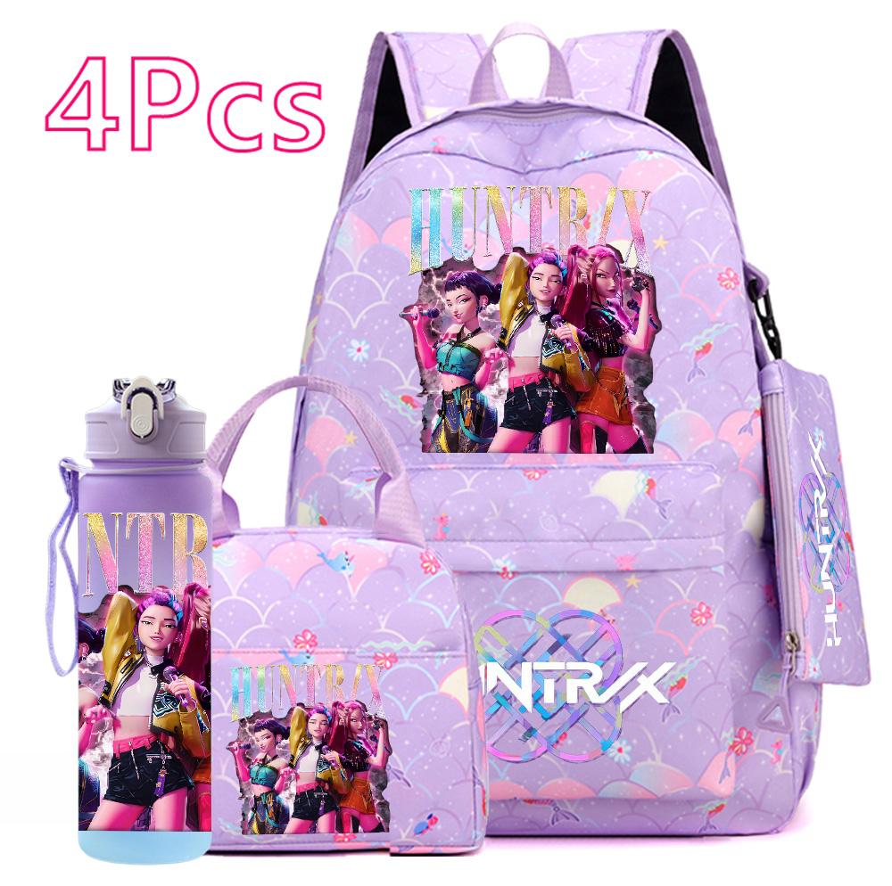 4 Adet/set KPOP Sırt Çantası El Çantası Kalemlik 750Ml Matara Genç Erkek Kız İçin Büyük Kapasiteli Kitap Çantası Karikatür Baskılı Okul Çantası Mochila