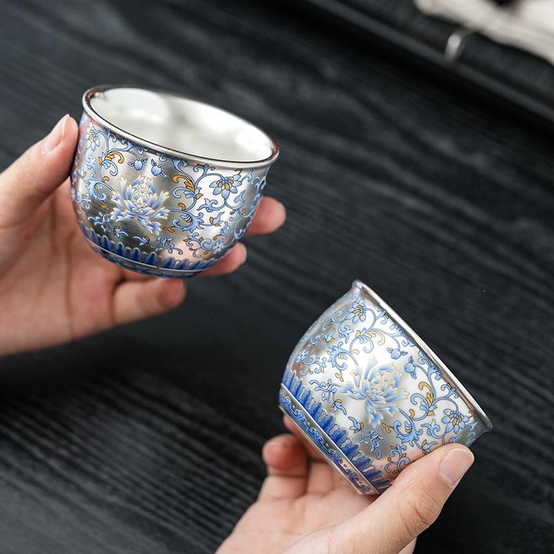 Retro Blue & White Ceramic Silver-Plated Tea Cup - Kung Fu Tea Host's Tasting Bowl.