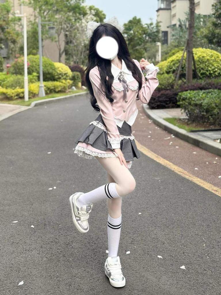 Jundakara Dress Feminine Pleated Tiered Lace Ruffles with Long Korean Korean Lolita Perfect for Size S Women's 3-Piece Set, Ribbon, Sleeves, Style,