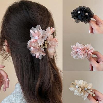Retro Mesh Doppelblume Haarspange für Frau Süße Perle Schleife Hai-Klammer Modische Mädchen Hinterkopf Haarklammer