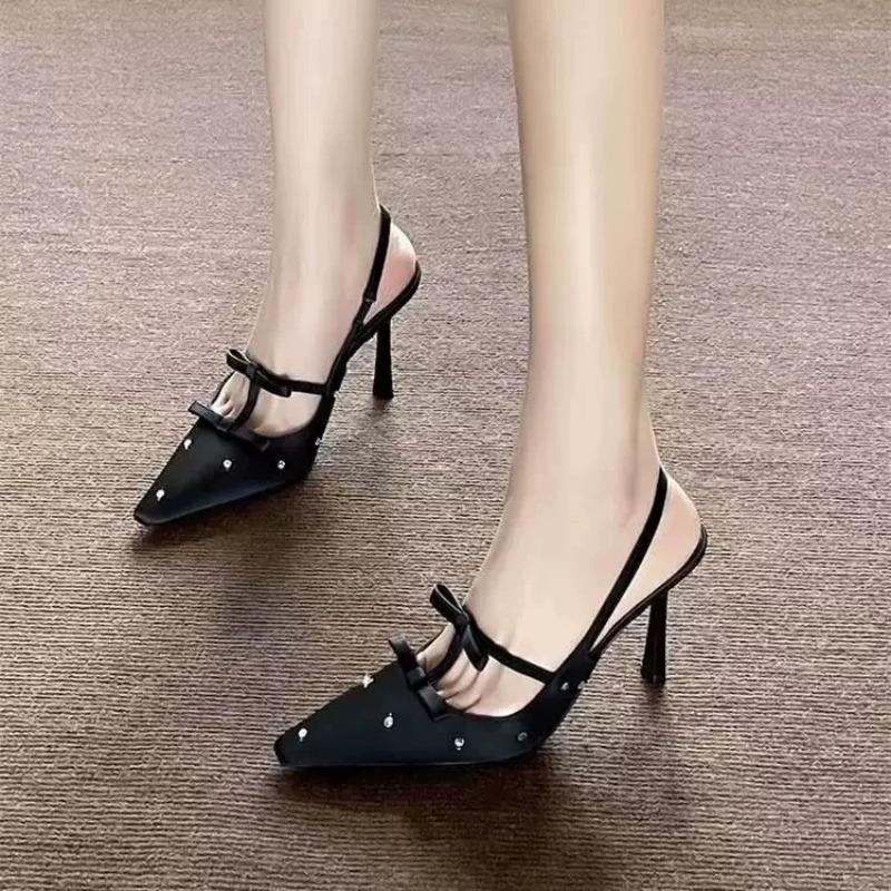 Design Sense Polka Dot Rhinestone Bow Sexy Black High Heels Small Square Head Beautiful Light Mouth Backempty Shoes