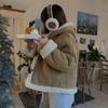 Korea Chic Winter Retro Loose Coat Women Y2k Horn Buckle Fur Brown Lamb Wool Jackets 2000s Long Sleeve Hooded Outerwear Clothes