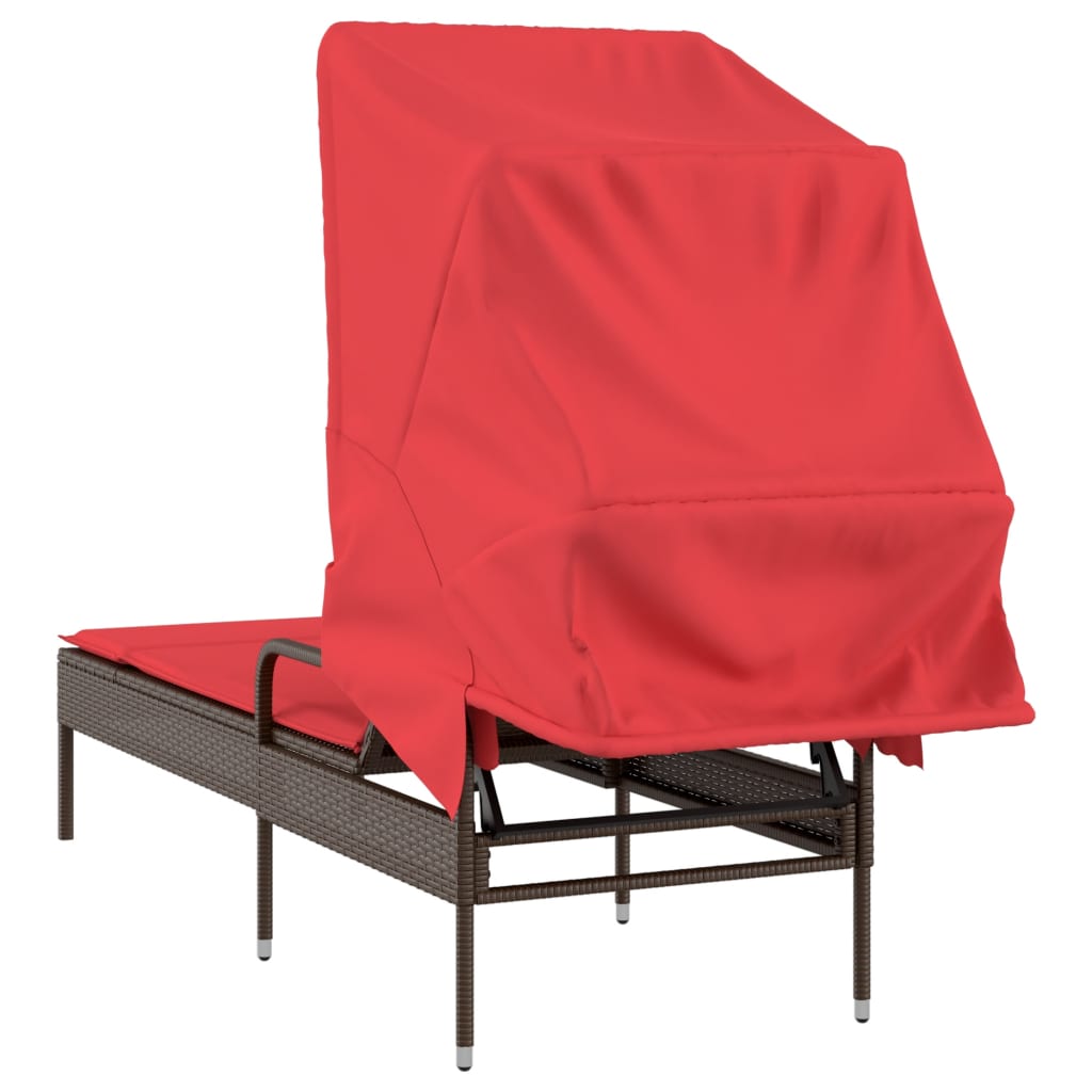 Brown Sun Lounger with Sun Canopy Poly Rattan