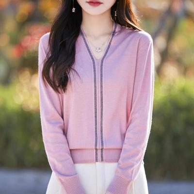 V-neck Hot Diamond Knitted Bottoming Shirt Women's Spring and Autumn New Loose and Thin Women's Sweater