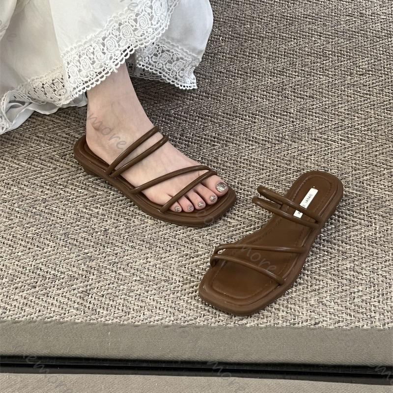 Comemore French Women Sandals Slippers Female Summer New Low Heeled Flip Flops Solid Casual Square Toe Beach Slippers