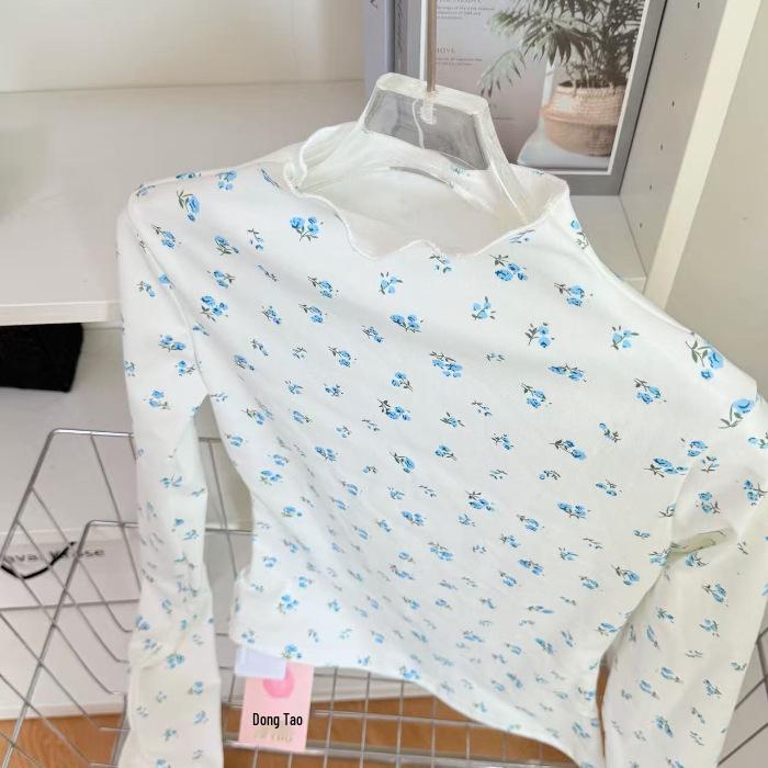 Women s Floral Half-High Neck Long-Sleeve Top M белый