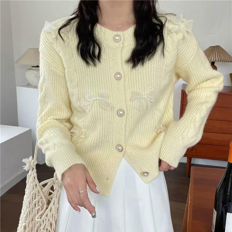 Podzimní a zimní kulatý výstřih Jemný sladký vítr Mašle v zahraničním stylu Roztomilý Dámský Pletený Cardigan Pohodlný Všestranný a módní