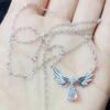 Double Angel Wing Paved Small Stone Dangling Light Blue Teardrop Stone Pendant Women Clavicle Necklace