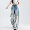 Pantaloni di Jeans a Vita Alta Strappati Gamba Larga Elasticizzati Comodi Street Fashion