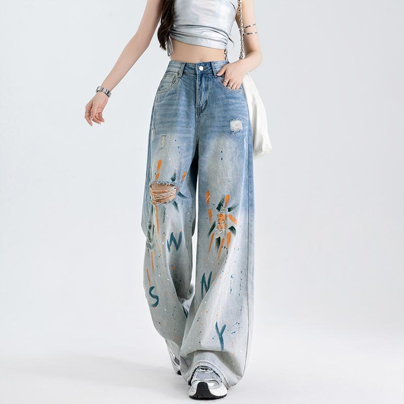 Pantaloni di Jeans a Vita Alta Strappati Gamba Larga Elasticizzati Comodi Street Fashion