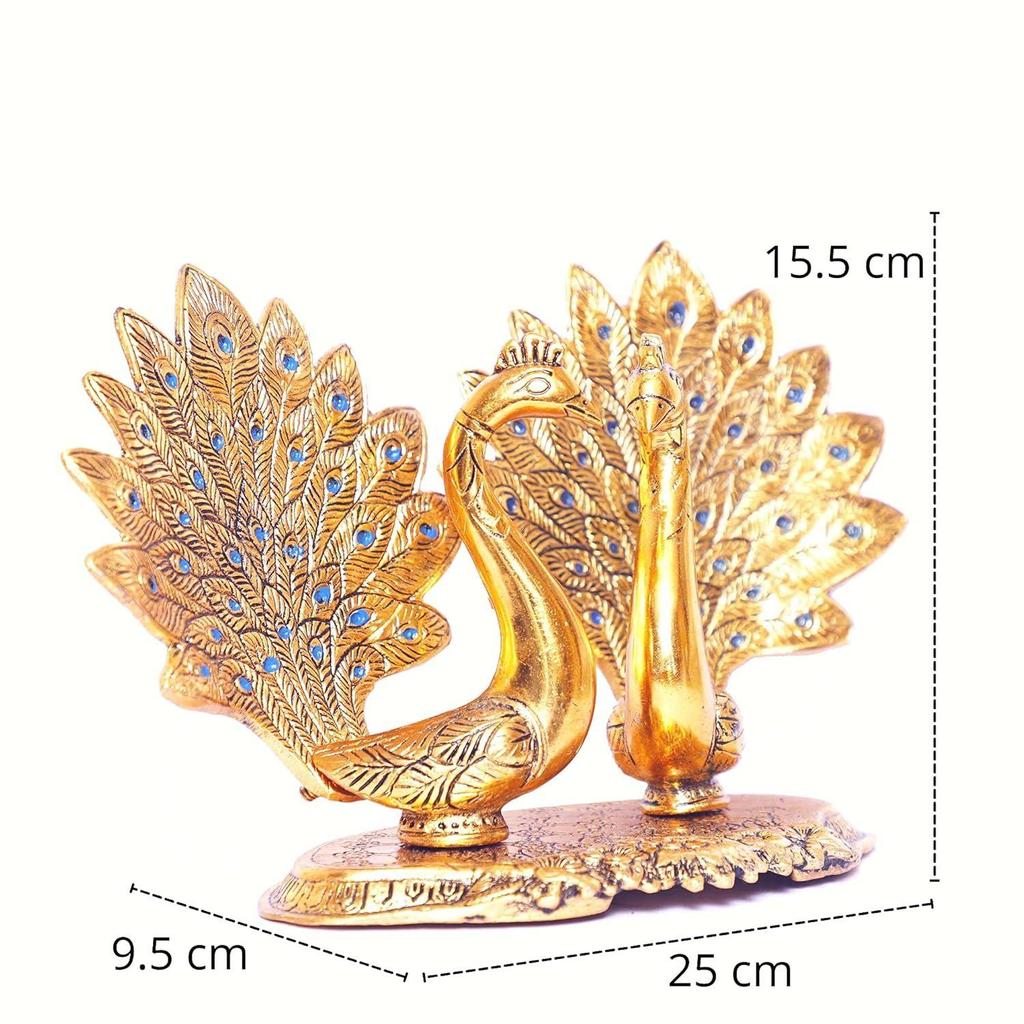 Metal Double Lovers Peacock Statue, Showpiece Figurine- Standard, Gold, 25 Cm, 16 Cm