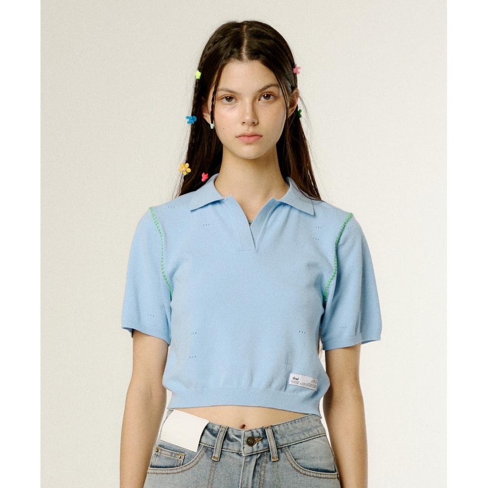 

FREI вязаная пряжа с короткими рукавами ручной работы НЕБЕСНО-ГОЛУБОЙ