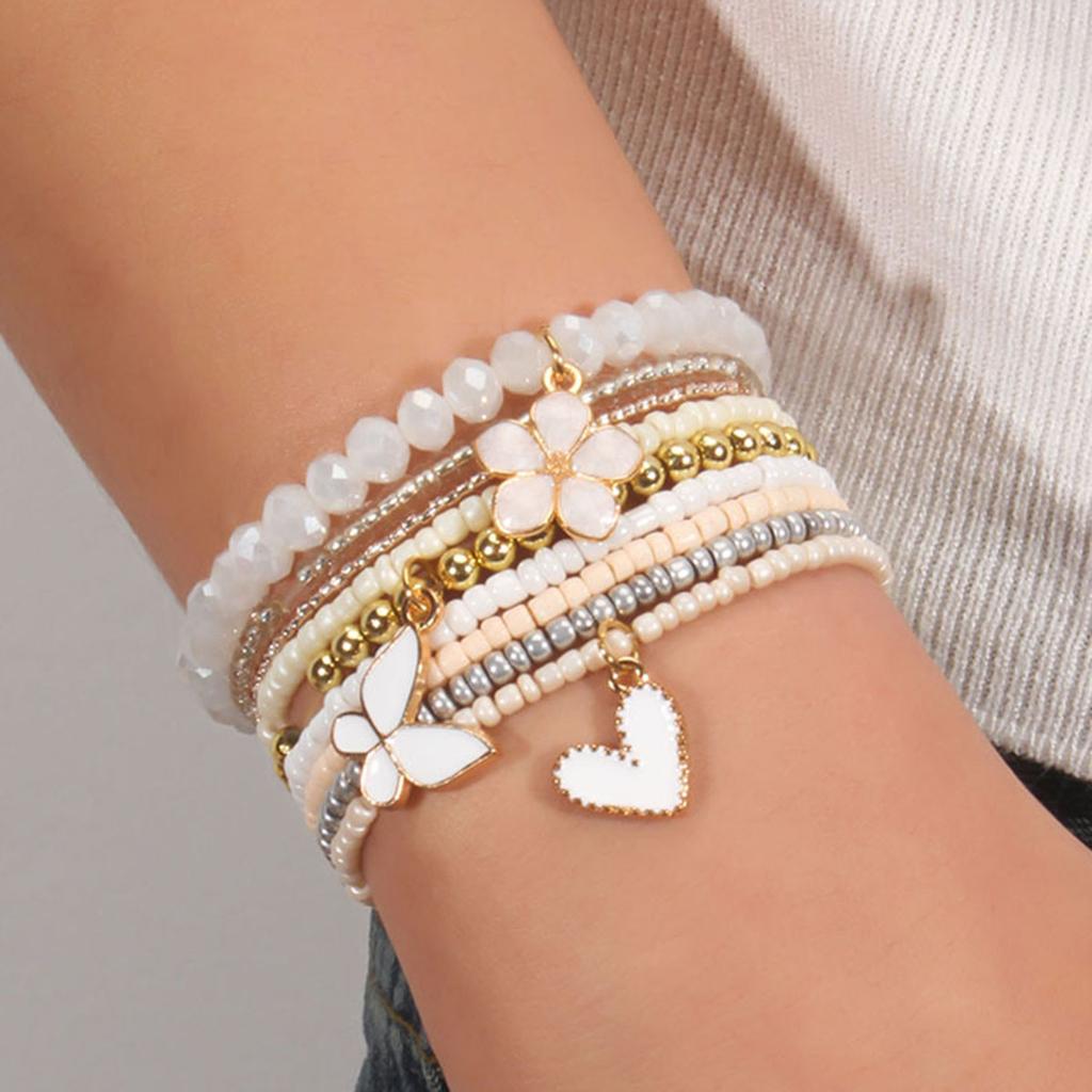 Fashion Heart-shaped Butterfly Flower Pendant Bracelet Bohemian Seed Bead Stacked Bracelet Women's Summer Beach Party Zircon