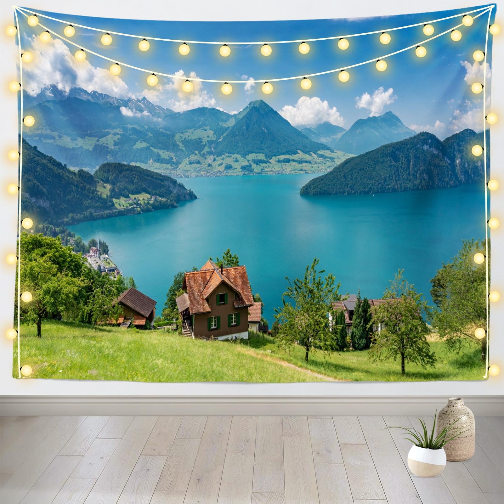 Mountains Lake Tapestry Green Alps And Lake Lucerne Switzerland Natural Scenery Wall Hanging Tapestry For Europe Travel Wedding 70x100CM