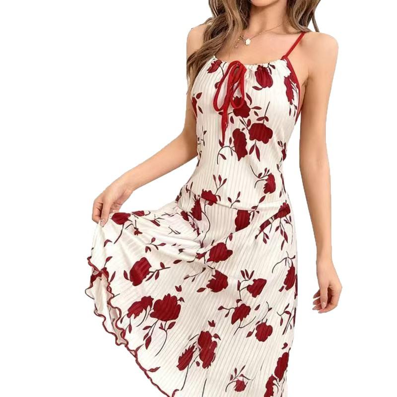 Women's Sexy Printed Camisole Nightgown with Chest Tie-Up