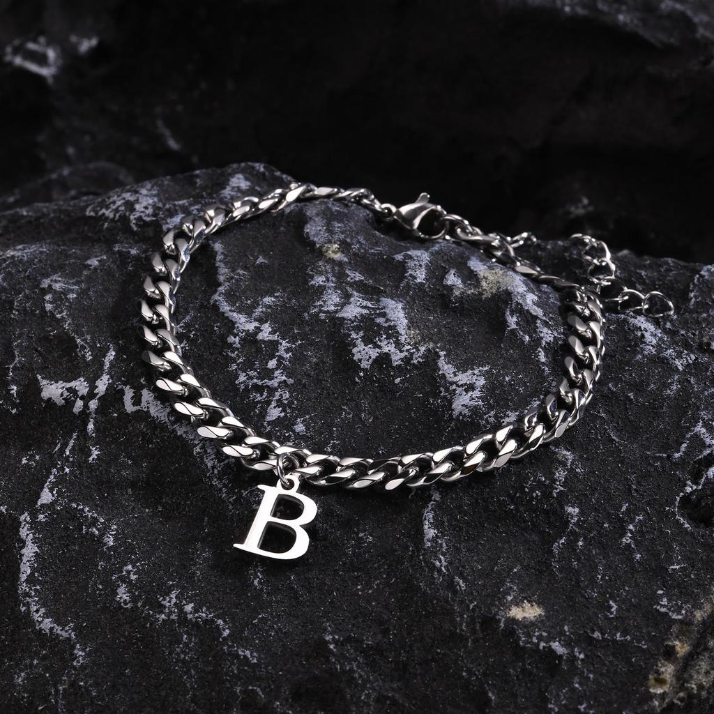 Mens Initials Cuban Links Bracelets,Stainless Steel A-Z 26 Letters Alphabet Charm Chain Wristband Adjustable,Casual Jewelry Gift