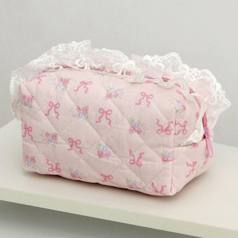 Ruffled Edge Bowknot Floral Print Makeup Bags Large Capacity Quilting Pen Bags Women Cosmetic Storage Bag Travel Wash Bag Clutch