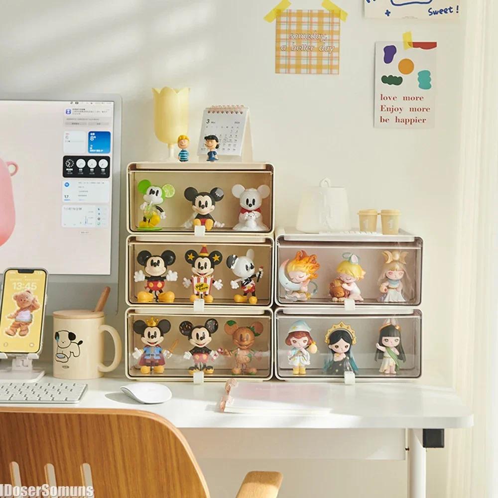 Caixa de armazenamento transparente estilo japonês, gaveta, durável, bonita, à prova de poeira, economiza espaço, grande capacidade, expositor de bonecas extraível