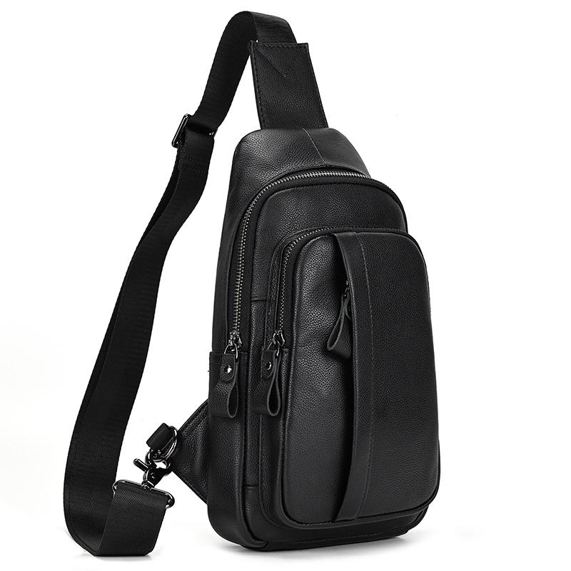 Mans 100% Genuine Leather Sling Bag Men Messenger Bags for Men Black Chest Bags for Phone Casual Sport Shoulder Bag