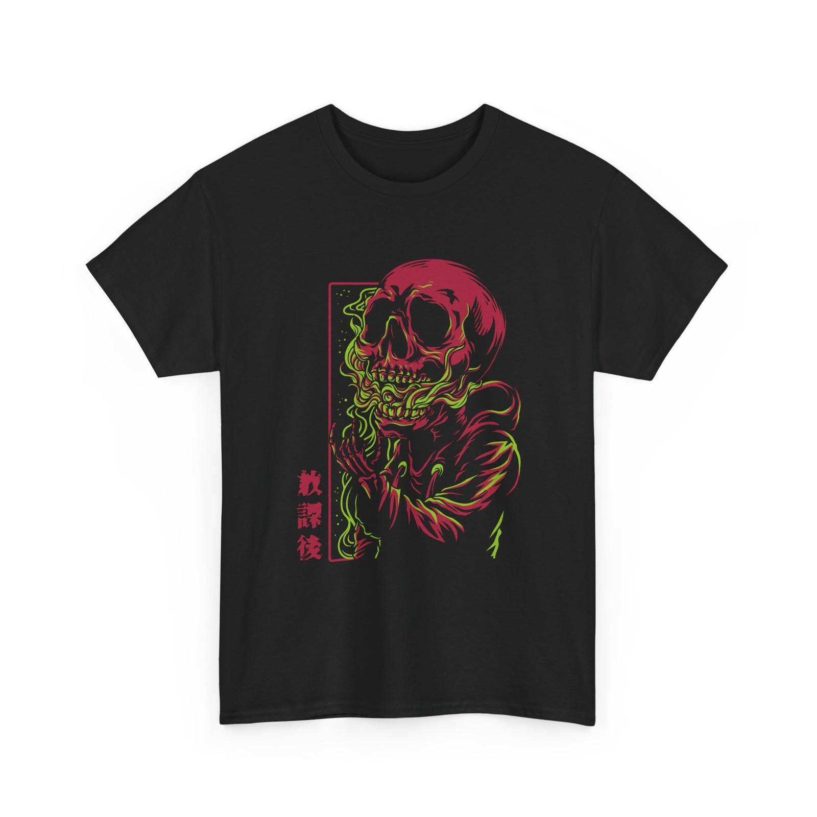 Neon Skull Smoking T-Shirt | Glowing Horror Illustration Cool T-Shirt, Gift Idea S