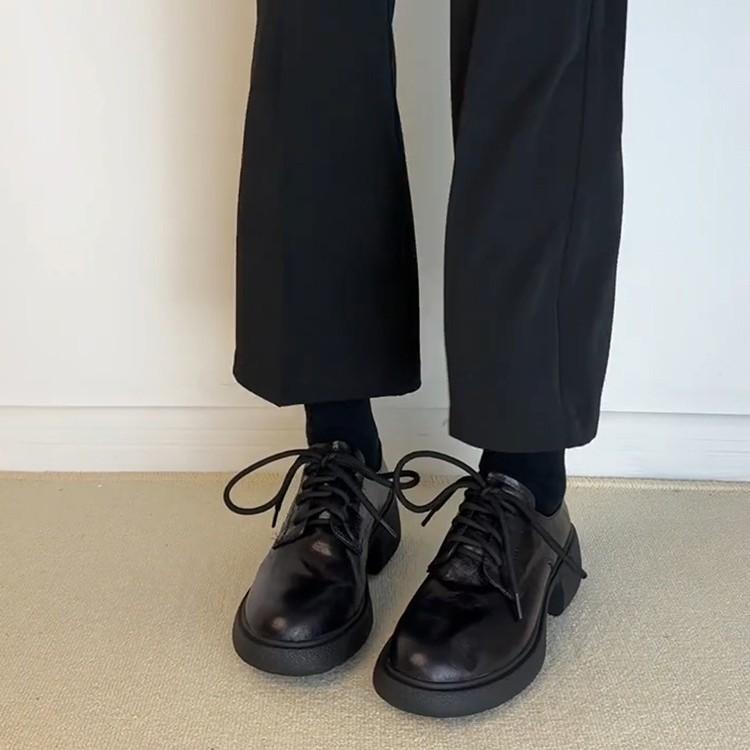 Cowhide Version~ British Style Lace-up Thick Heel Small Leather Shoes Women's Versatile Leather Silent Tire Sole Round Head Commuter Shoes