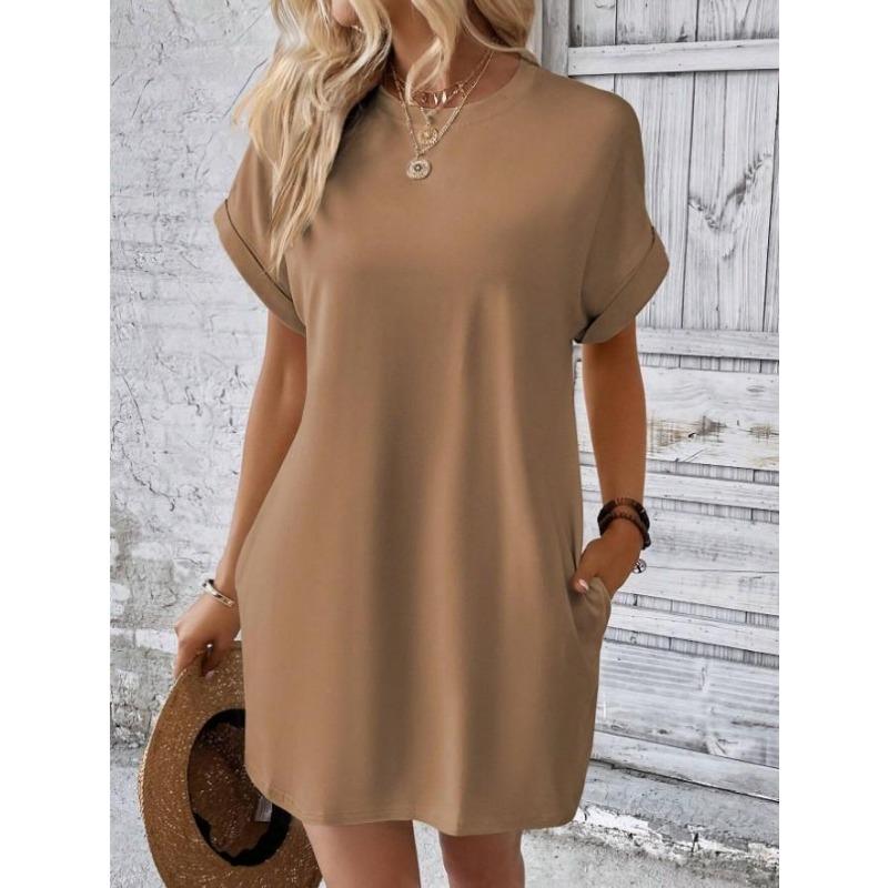 

Весна-лето Женские однотонные платья с круглым вырезом, свободные, с короткими рукавами и карманами XXXL светло-желтого