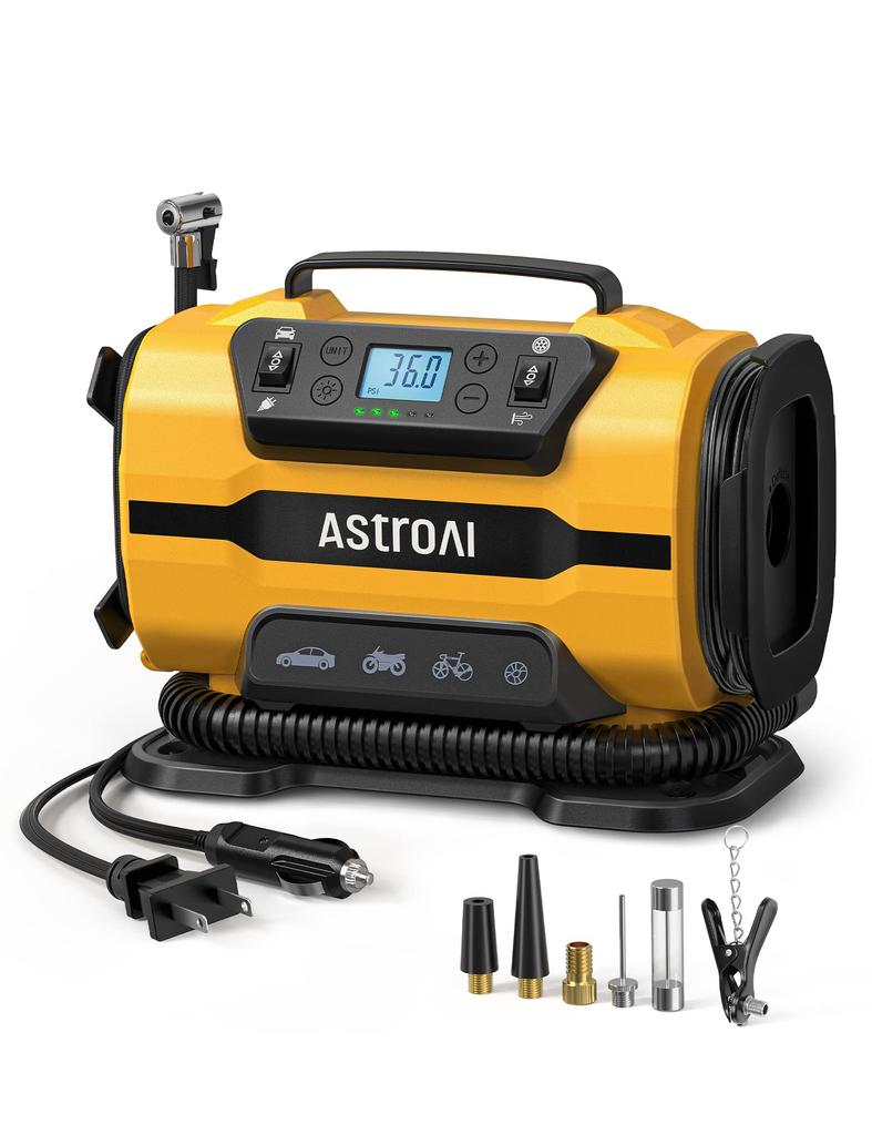 AstroAI Air Compressor Electric Inflator 5 In 1 Tire Pool Car Power Supply 150 PSI Automatic Power Off Memory Function LED Light 5 Types Conversion