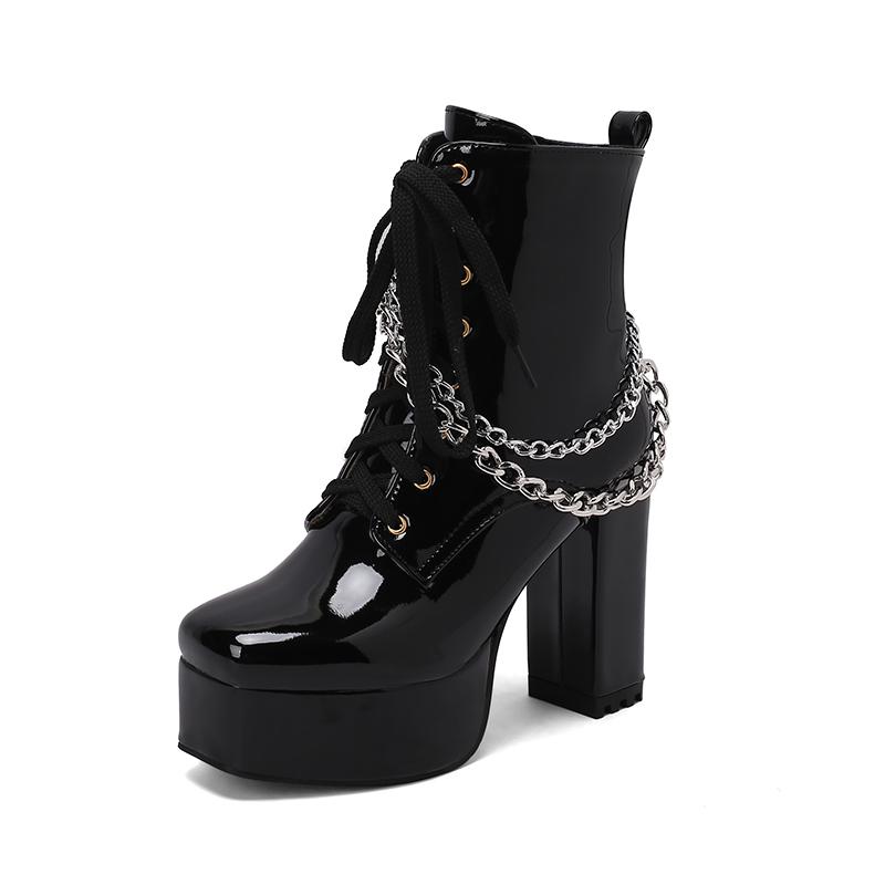 2026 High Gloss Patent Leather Lace Up Zipper Metal Chain Punk Style Short Boots Square Toe High Thick Heel Platform Boots