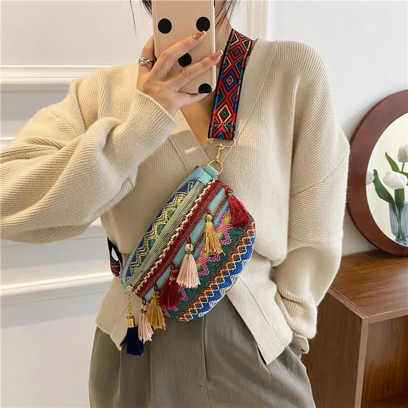 WTEMPO Ethnic Style Embroidered Tassel Waist Bags Casual Versatile Zipper Crossbody Single Shoulder Bags