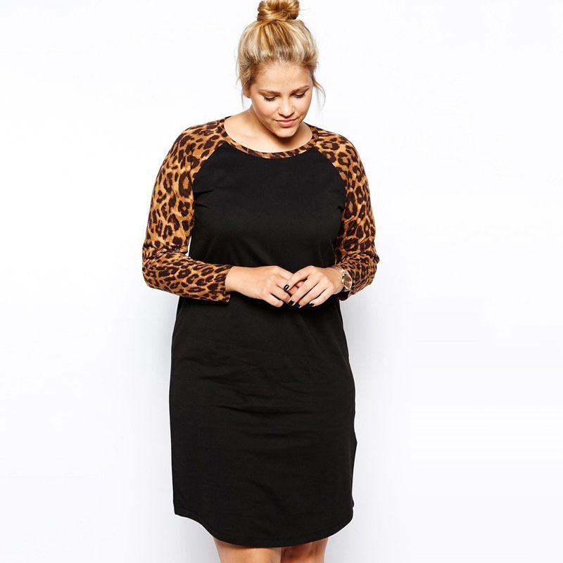 

R l European and American plus Plus Size Women s Leopard Print Printed Patchwork Long Sleeves Casual Dress Athleisure Casual Skirt 1210 Black 2XL