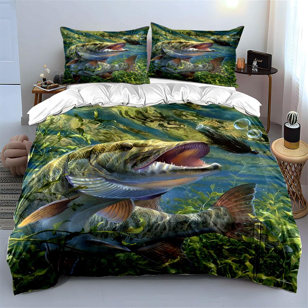 Underwater Fish Chasing Lure Bedding Set For Kids Luxury Gift 3Pcs Digital Print Comforter Set Soft Comfortable Breathable