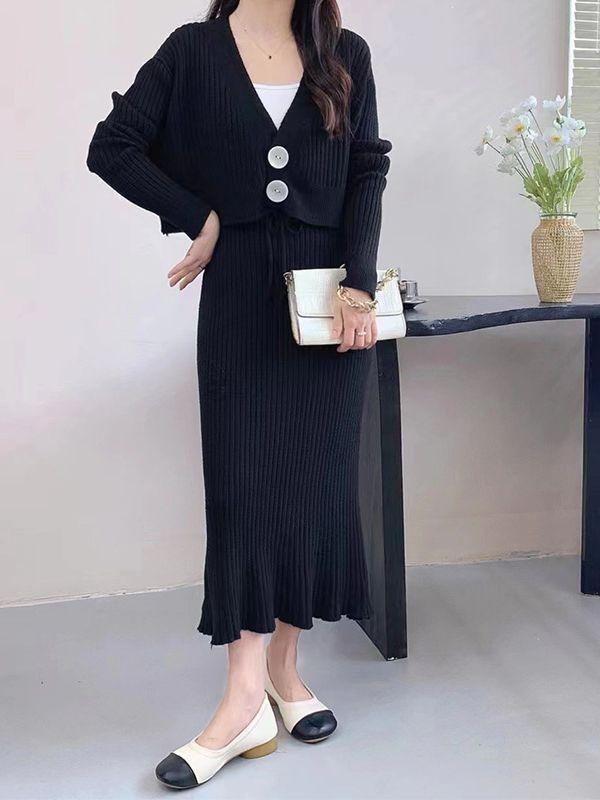 2026 Autumn/Winter European & American V-Neck Knit Cardigan with Two-Button Closure and Long Bodycon Skirt Two-Piece Set