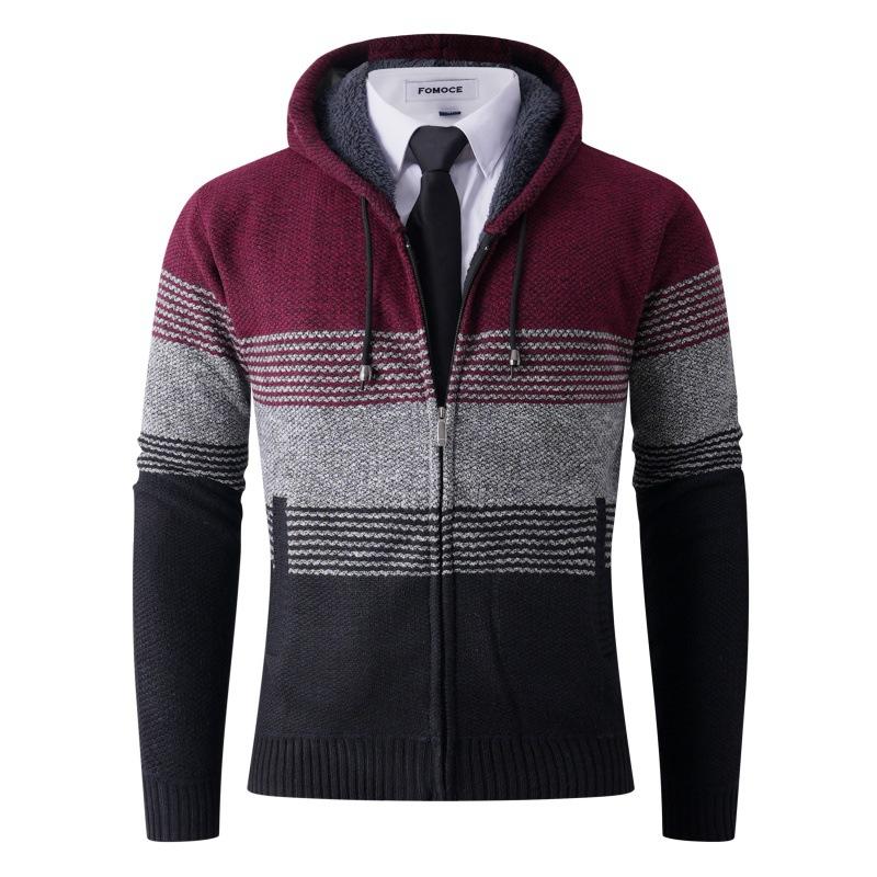 Men'S Loose Slim-Fit Striped Sweater Blue Fashion Trend Hooded Knitted Jacket Top