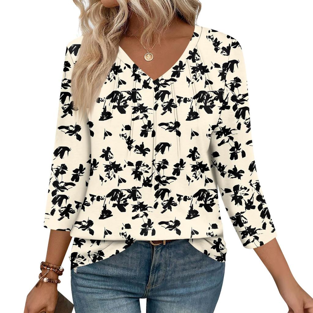 Women's Casual Tops V Neck Pull Stripe Prints Seven Sleeve Tops