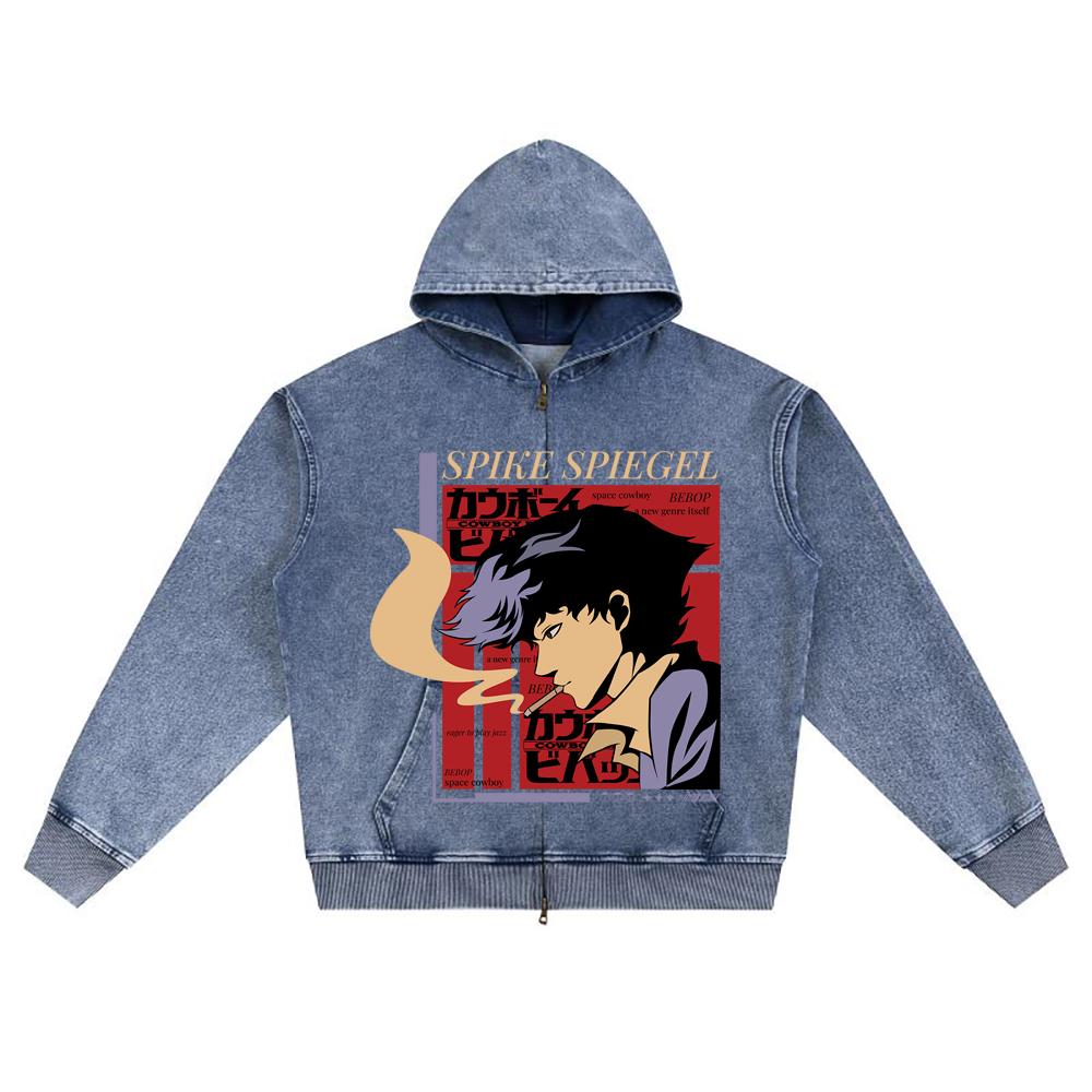 DTG Print Knitted Denim Zip-Up Hoodie Anime Streetwear 10 Brother Print Zipper Hoodies