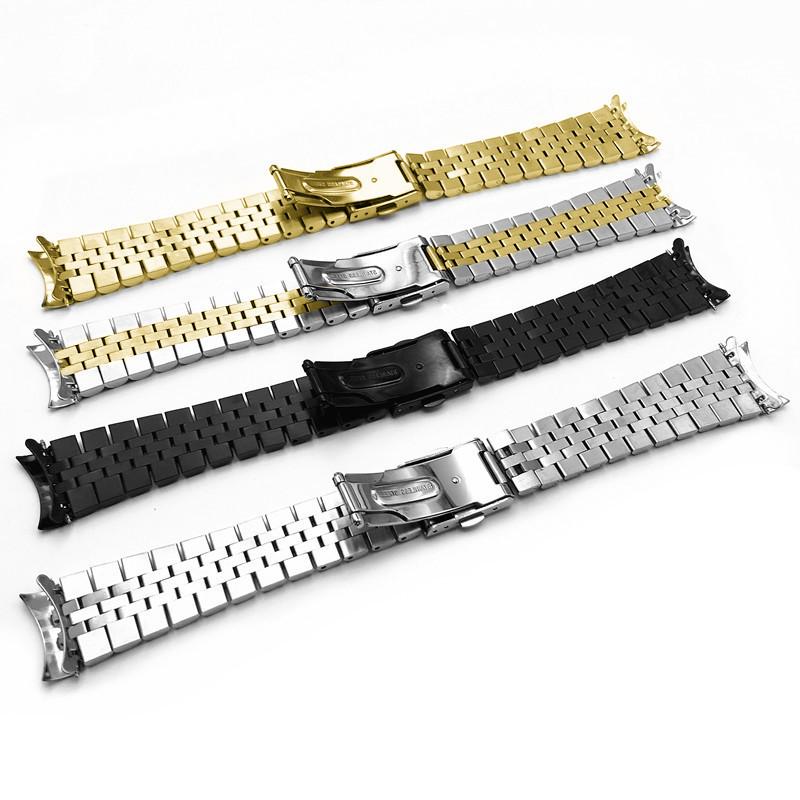 Universal Stainless Steel Bull Ring Watch Band with Curved Ends and Double Push Butterfly Clasp - 18/20/22mm