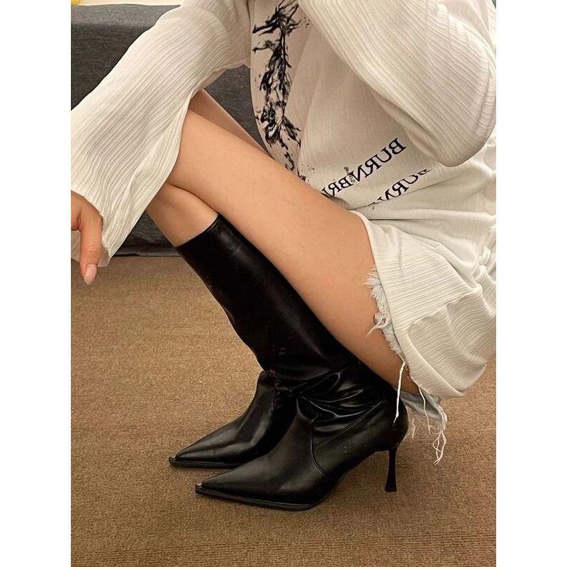 Spitze Stiletto-Stiefel Damen Weiße Plissee-Stiefel High Heel Stiefel Damen Stiefel zum Reinschlüpfen Kniehohe Reiterstiefel