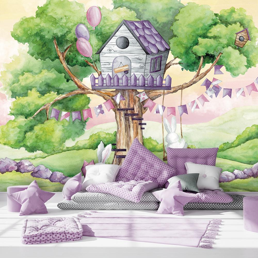 Wallpaper White Rabbits Hut On a Tree