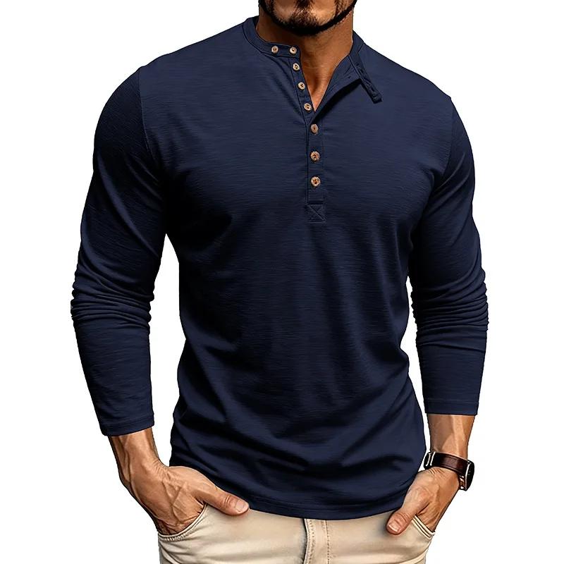 Mens Henley Collar Long Sleeve T-Shirts Solid Color Loose Fit Button Front Casual Daily Tshirts
