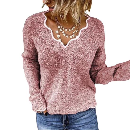 

Женский свитер с длинным рукавом, свободный крой, V-образный вырез, вязаный свитер, женский повседневный джемпер, пуловер, топ для осени и зимы M розовый