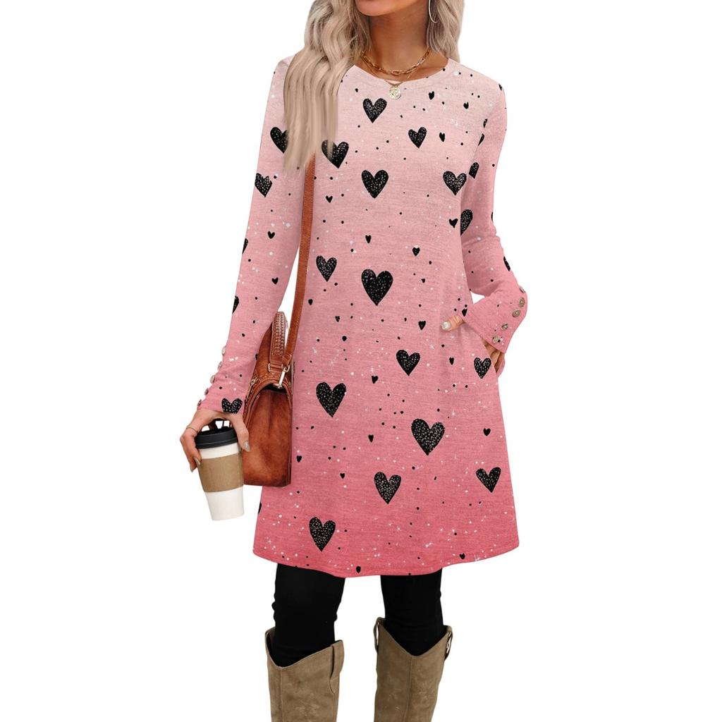 Damenmode lässiges Kleid mit Tasche, dekorativen Knöpfen, Rundhalsausschnitt, langen Ärmeln und Print