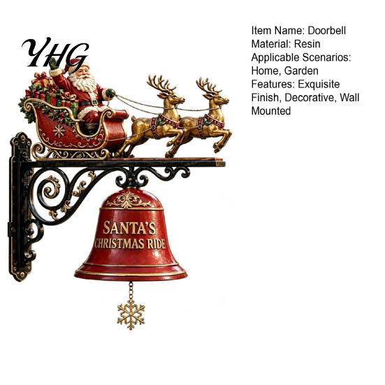 Reindeer Sleigh Holiday Decor Christmas Bell Wall Hanging Decoration, Santa Ornament, Large Decorative Claus for Porch Door Fireplace Xmas Home