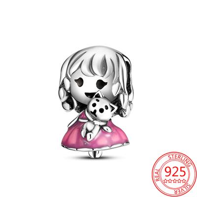 925 Sterling Silver Pink Dress Little Girl Charm Fit Fashion Charm Bracelet 925 Silver Original Bead Girl Jewelry
