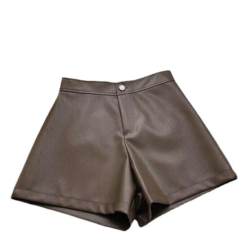 Women's Petite Slimming A-Line Hot Pants Fall Spring Mini PU Leather Shorts Girlfriend Street Style Versatile Pants Mini Shorts