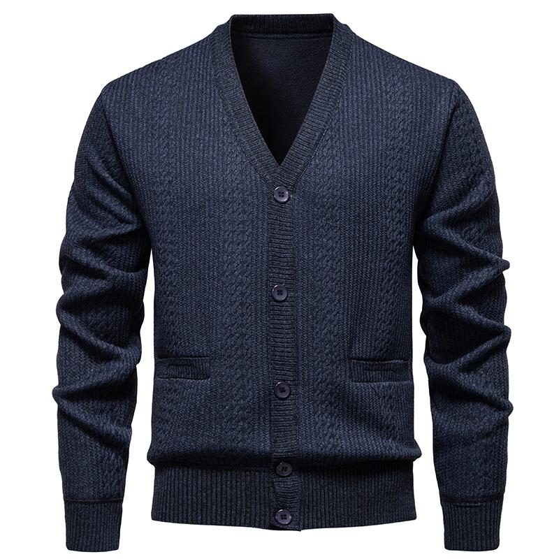 Autumn Winter Men's V-Neck Sweatercoat Casual Knit Cardigan Solid Color Single Breasted Thick Fleece Warm Knitted Sweater Jacket